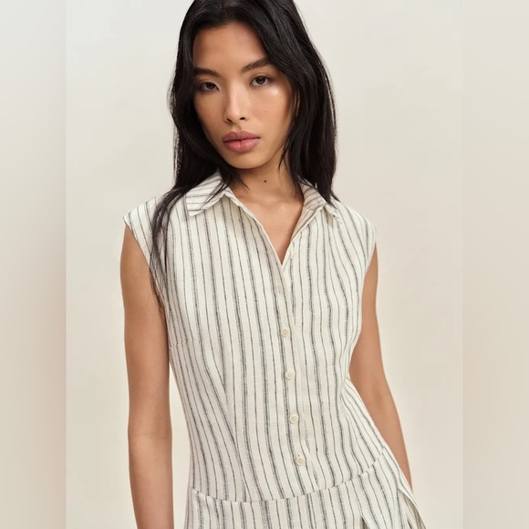 Reformation Arella 100% Linen Button Down Mini Dress in Elsie Stripe Size 6 - Picture 3 of 10